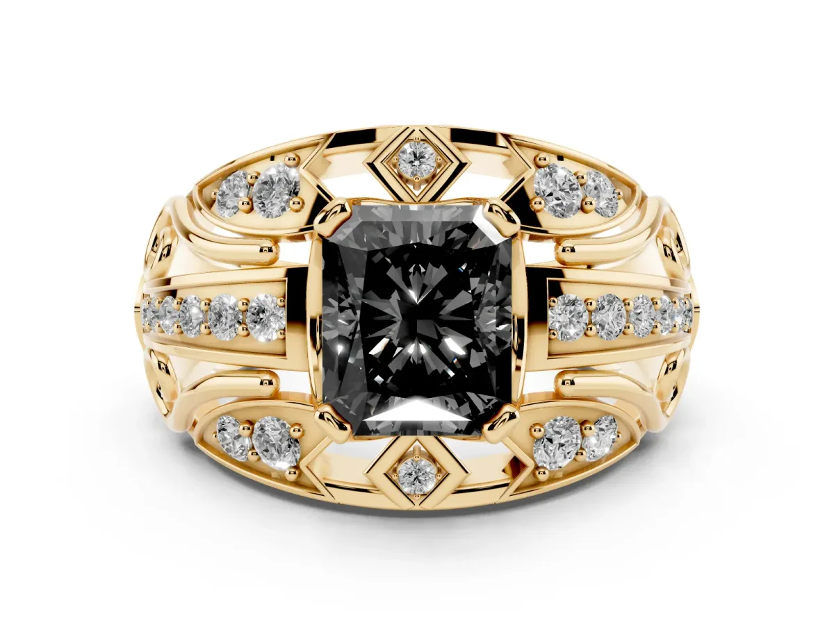 Fancy Black Radiant Cut Diamond Art Deco Ring Set in Yellow gold with Pavé Split Shank