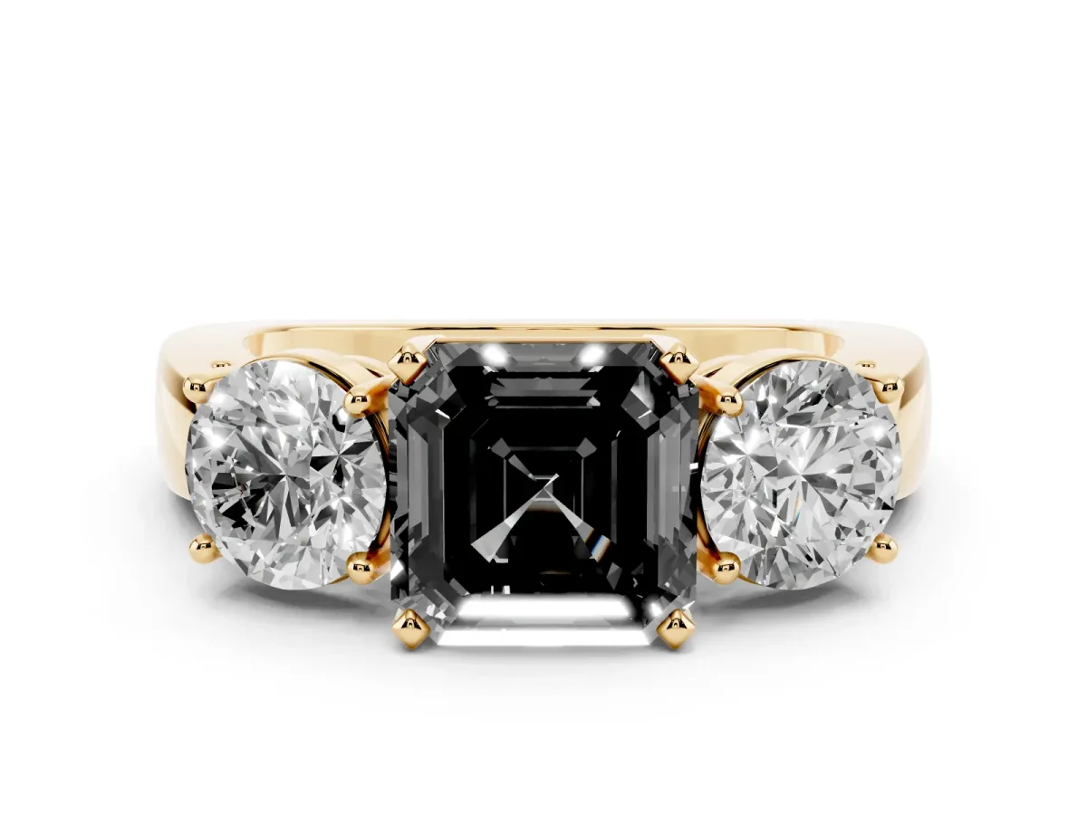 Fancy Black Asscher Cut Diamond Three-Stone Ring Set in Yellow gold with Round Side Stones and Classic Band