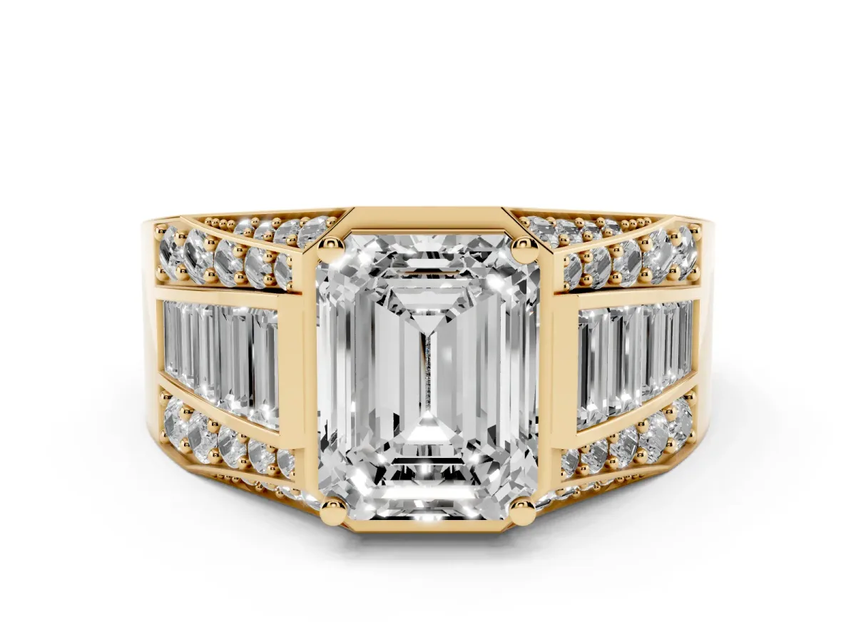 Emerald Cut Diamond Mens Ring Set in Yellow gold with Baguette and Round Side Stones