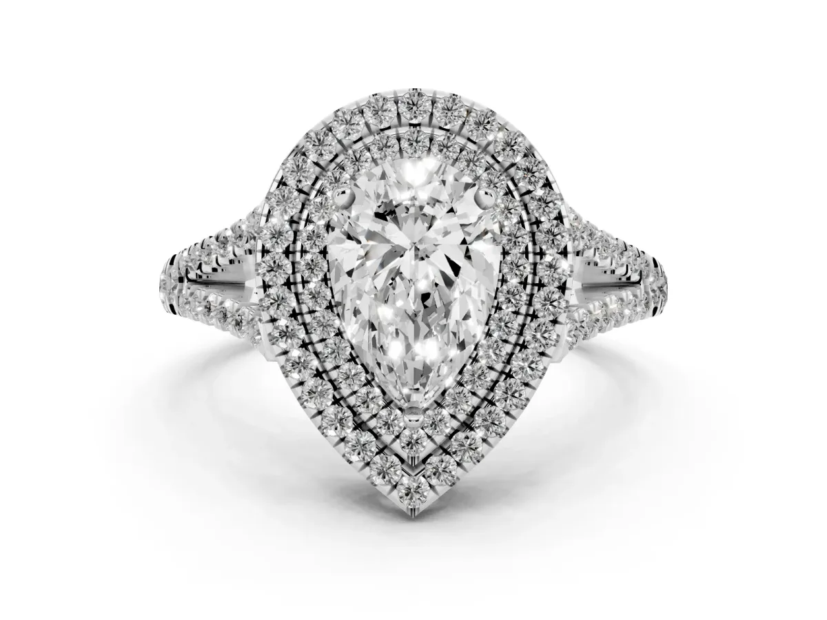 Pear Cut Diamond Double Halo Ring Set in Platinum with Pavé Band