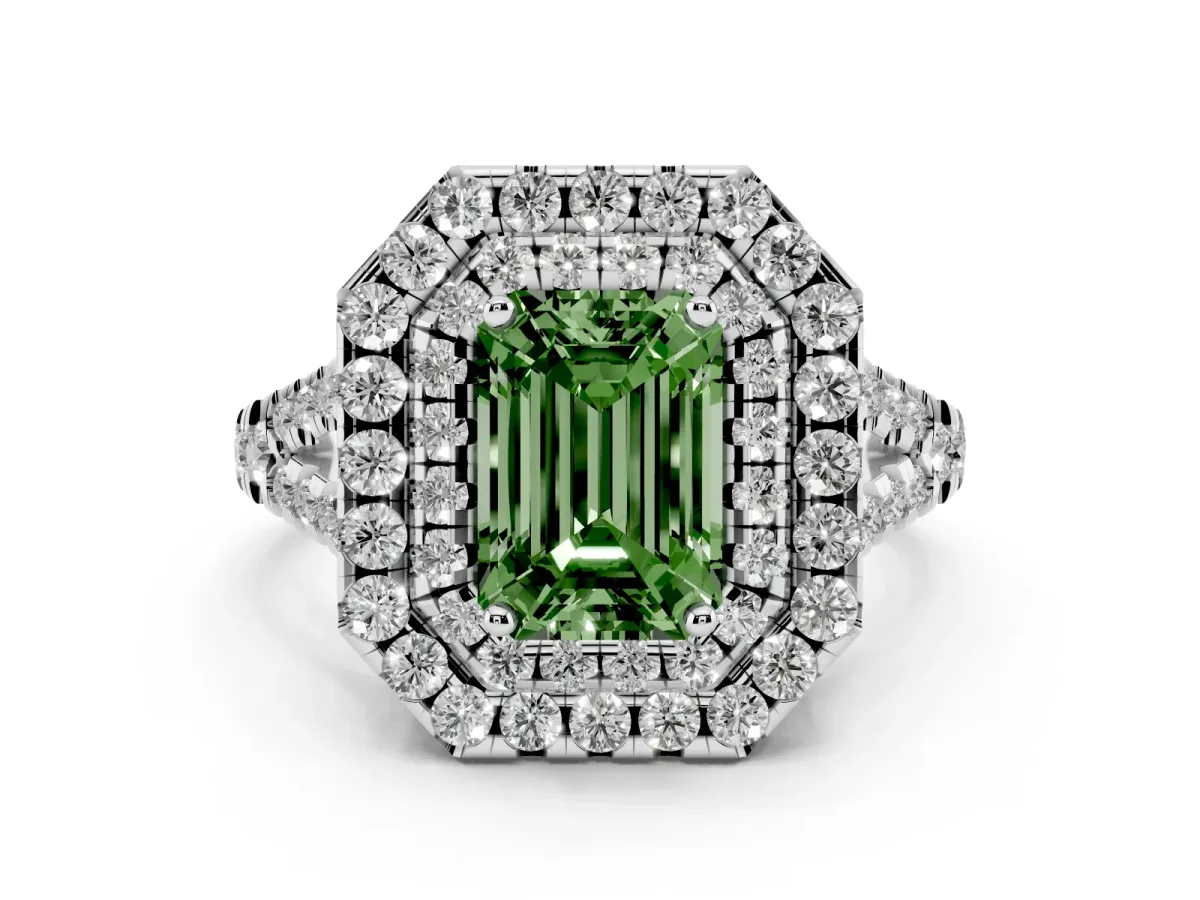 Fancy Green Emerald Cut Diamond Double Halo Ring Set in Platinum with Pavé Split Shank and Prong Setting