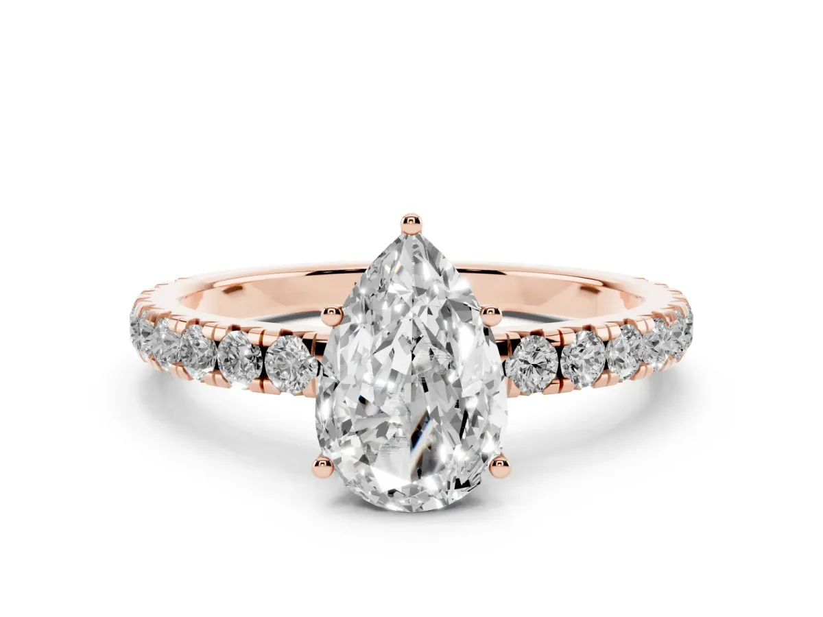 Pear Cut Diamond Pavé Solitaire Engagement Ring Set in Rose gold with Prong Setting