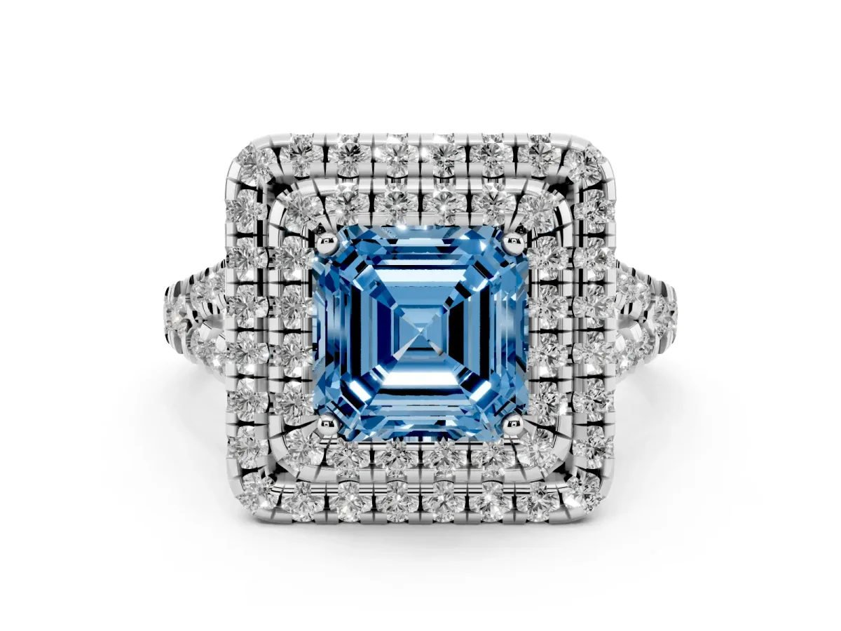 Fancy Blue Asscher Cut Diamond Double Halo Ring Set in White gold with Pavé Split Shank and Prong Setting