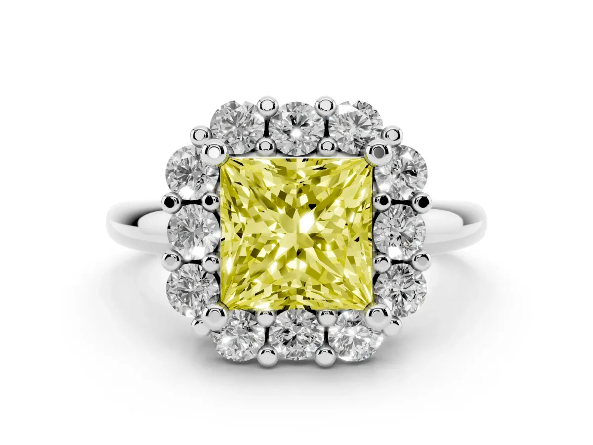 Fancy Yellow Princess Cut Diamond Halo Cluster Engagement Ring Set in Platinum with Polished Band and Prong Setting