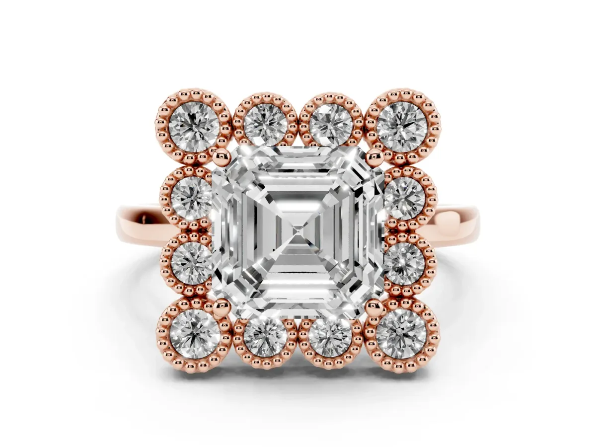 Asscher Cut Diamond Cluster Halo Ring Set in Rose gold with Milgrain Bezel Accents and Plain Band