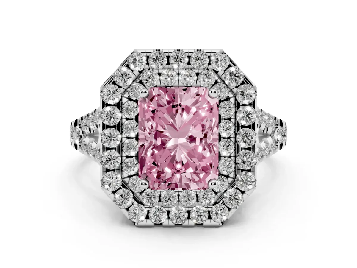 Fancy Pink Radiant Cut Diamond Double Halo Ring Set in White gold with Pavé Split Shank and Prong Setting
