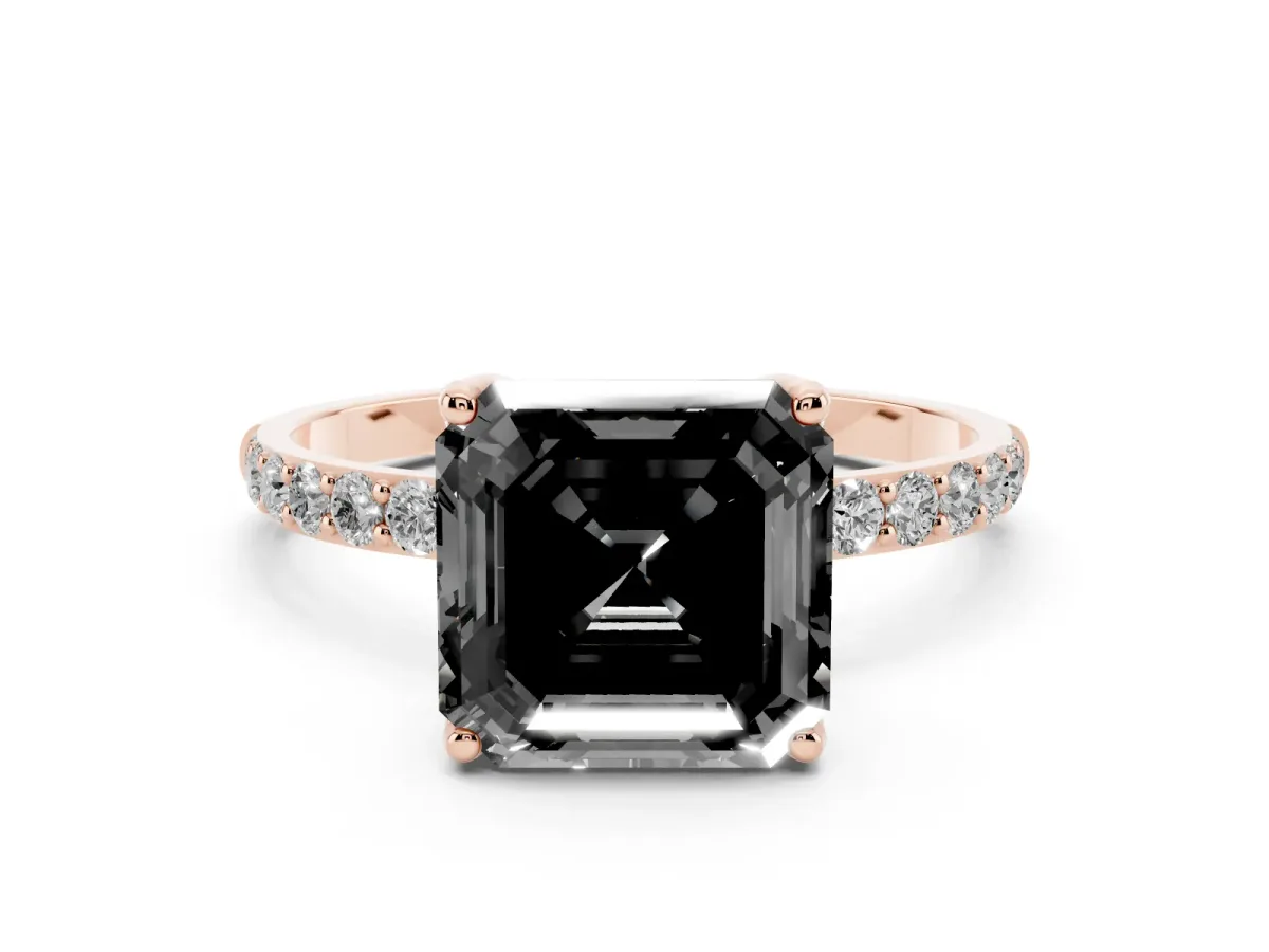 Fancy Black Asscher Cut Diamond Solitaire Engagement Ring Set in Rose gold with Round Pavé Band and Prong Setting