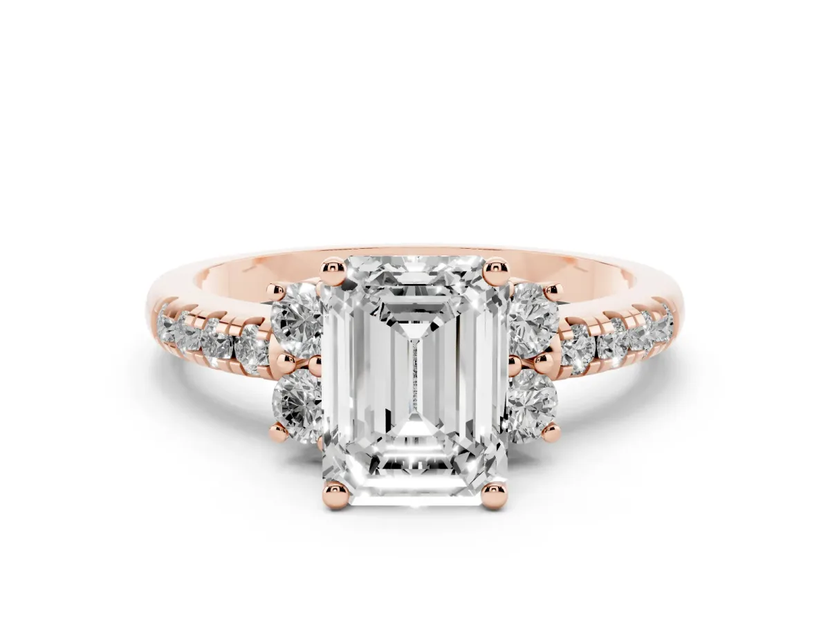 Emerald Cut Diamond Three-Stone Pavé Ring Set in Rose gold with Prong Setting