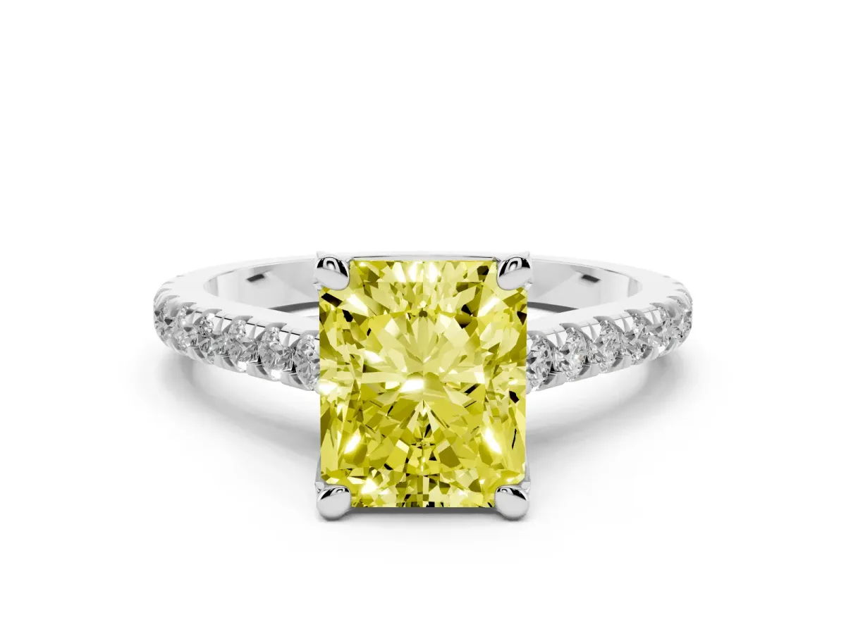 Fancy Yellow Radiant Cut Diamond Solitaire Ring Set in Silver with Brilliant Pavé Band and Prong Setting
