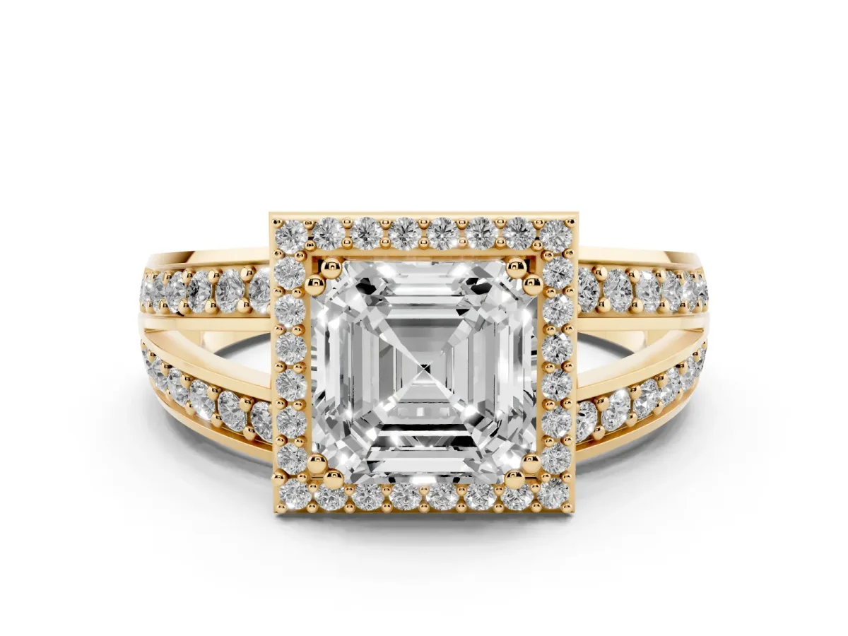 Asscher Cut Diamond Halo Ring Set in Yellow gold with Double Pavé Split Shank