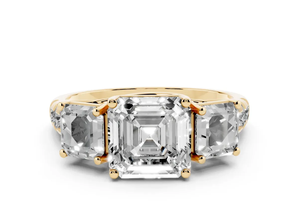 Asscher Cut Diamond Three-Stone Ring Set in Yellow gold with Pavé Band