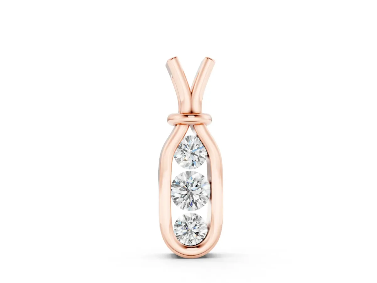 Three-Stone Round Diamond Bezel Pendant Set in Rose gold with Vertical Metal Frame