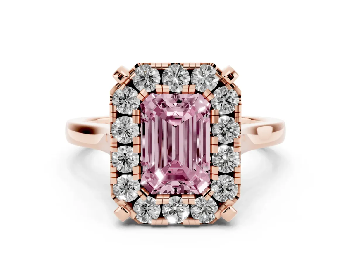 Fancy Pink Emerald Cut Diamond Cluster Halo Solitaire Ring Set in Rose gold with Prong Setting