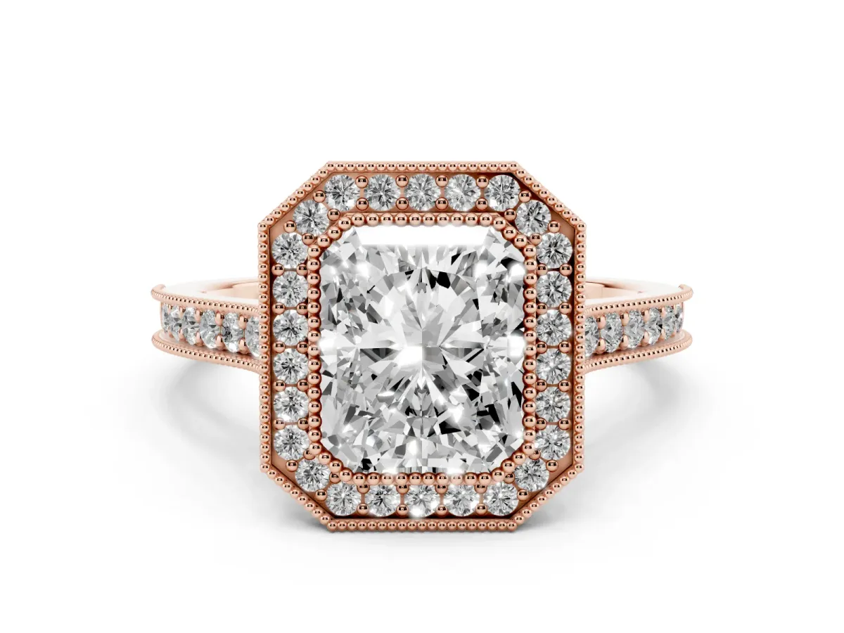Radiant Cut Diamond Halo Milgrain Pavé Band Ring Set in Rose gold with Prong Setting