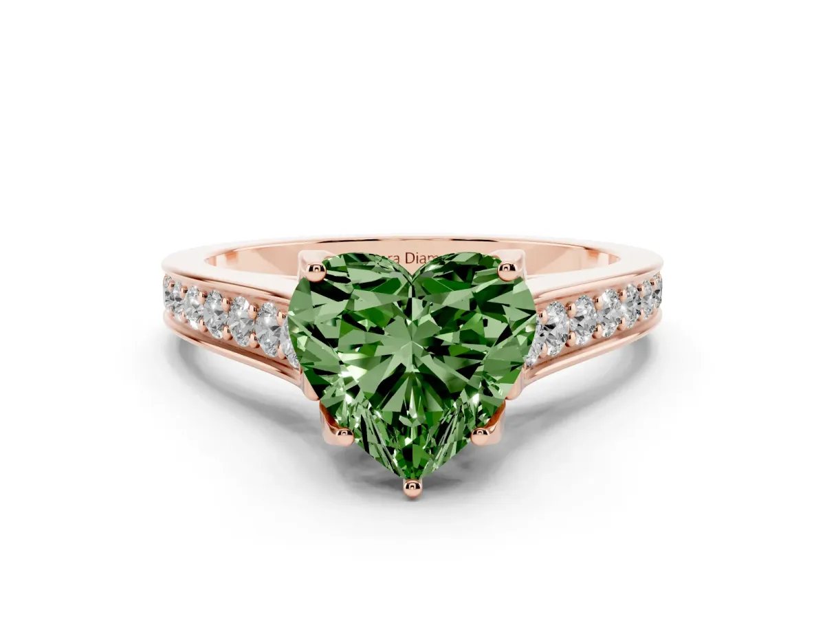 Fancy Green Heart Cut Diamond Solitaire Pavé Engagement Ring Set in Rose gold with Prong Setting