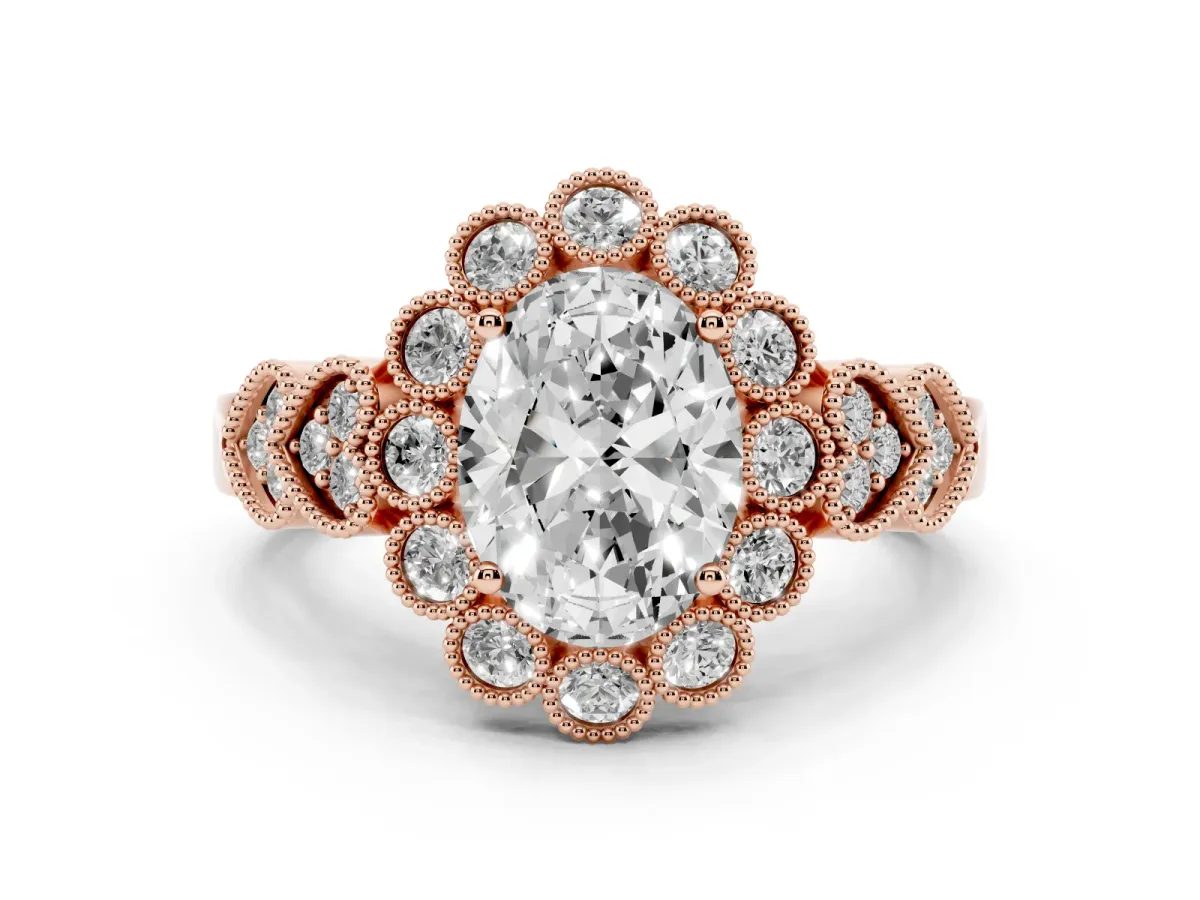 Oval Cut Diamond Solitaire Ring Set in Rose gold with Milgrain Pavé Heart Band