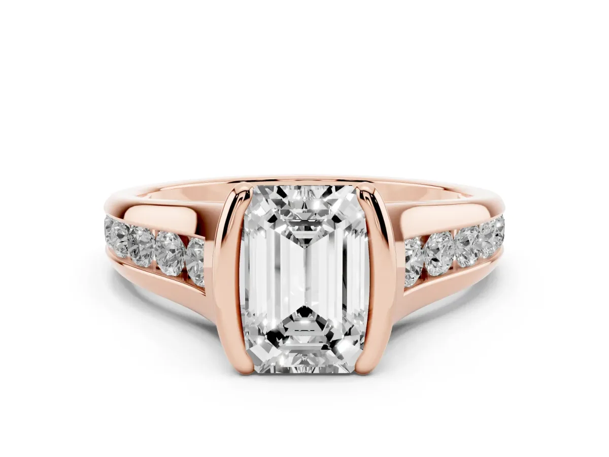Emerald Cut Diamond Bezel-Set Solitaire Ring Set in Rose gold with Channel-Set Band
