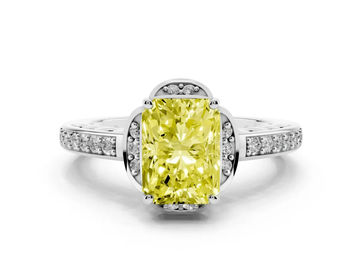 Fancy Yellow Radiant Cut Diamond Halo Ring Set in Platinum with Channel Set Band and Prong Setting