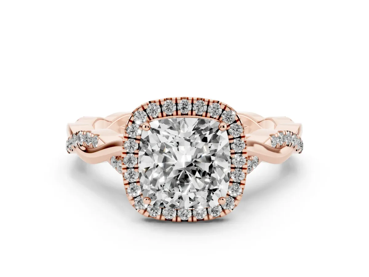 Cushion Cut Diamond Halo Twist Band Solitaire Ring Set in Rose gold with Prong Setting