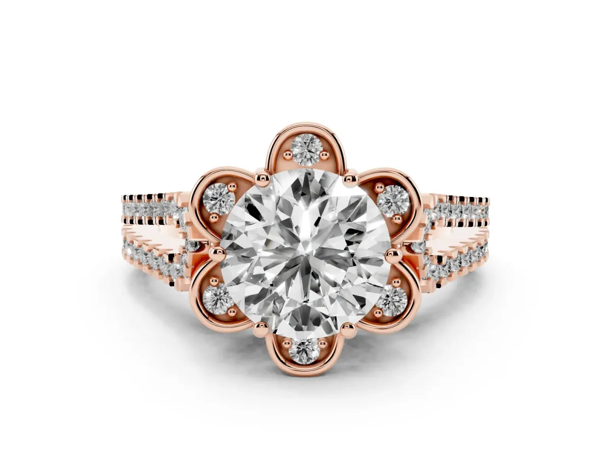 Round Cut Diamond Floral Halo Split Shank Engagement Ring Set in Rose gold with Pavé Shank