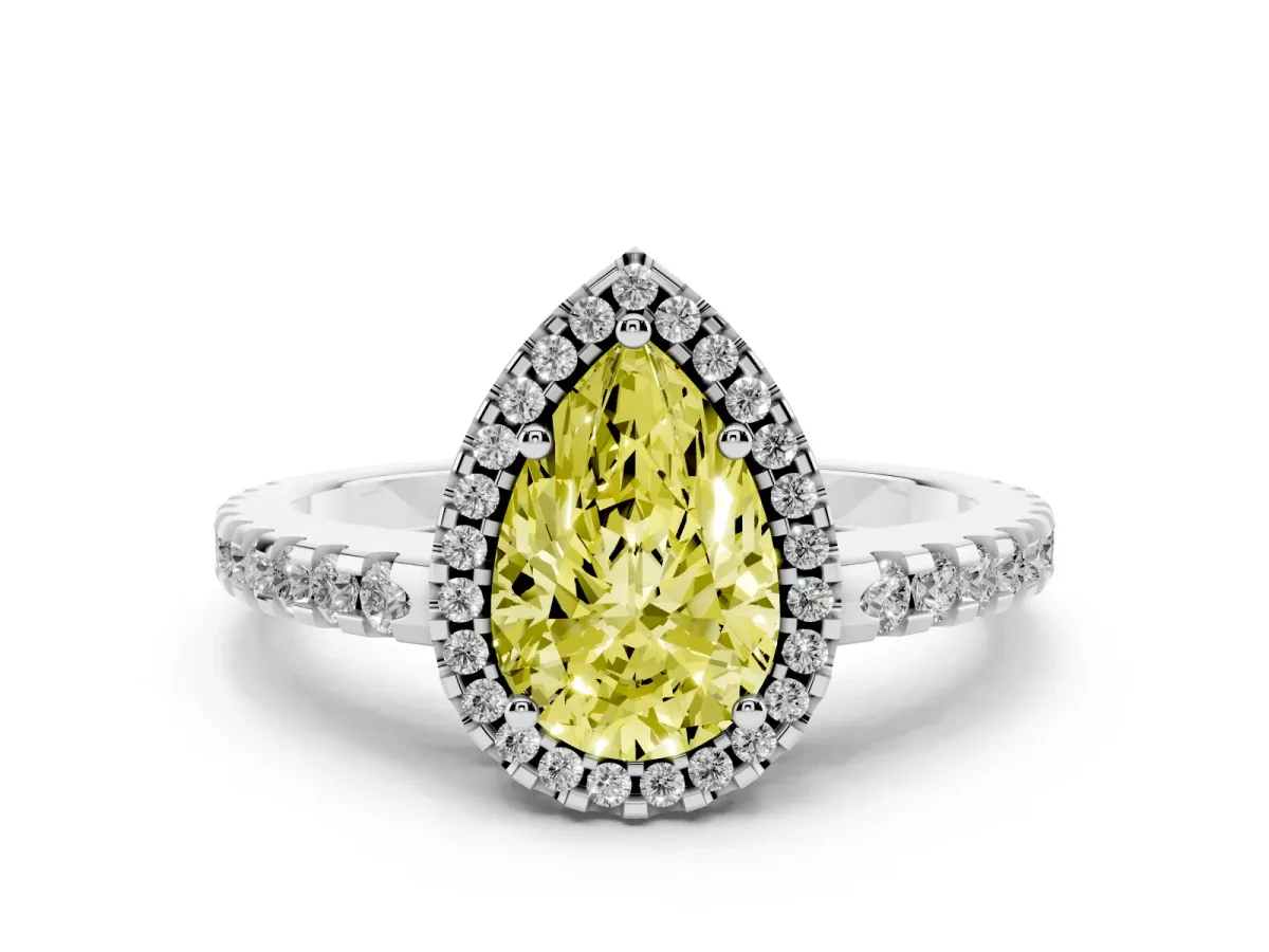 Fancy Yellow Pear Cut Diamond Halo Ring Set in Silver with Pavé Shoulders and Halo-Framed Center