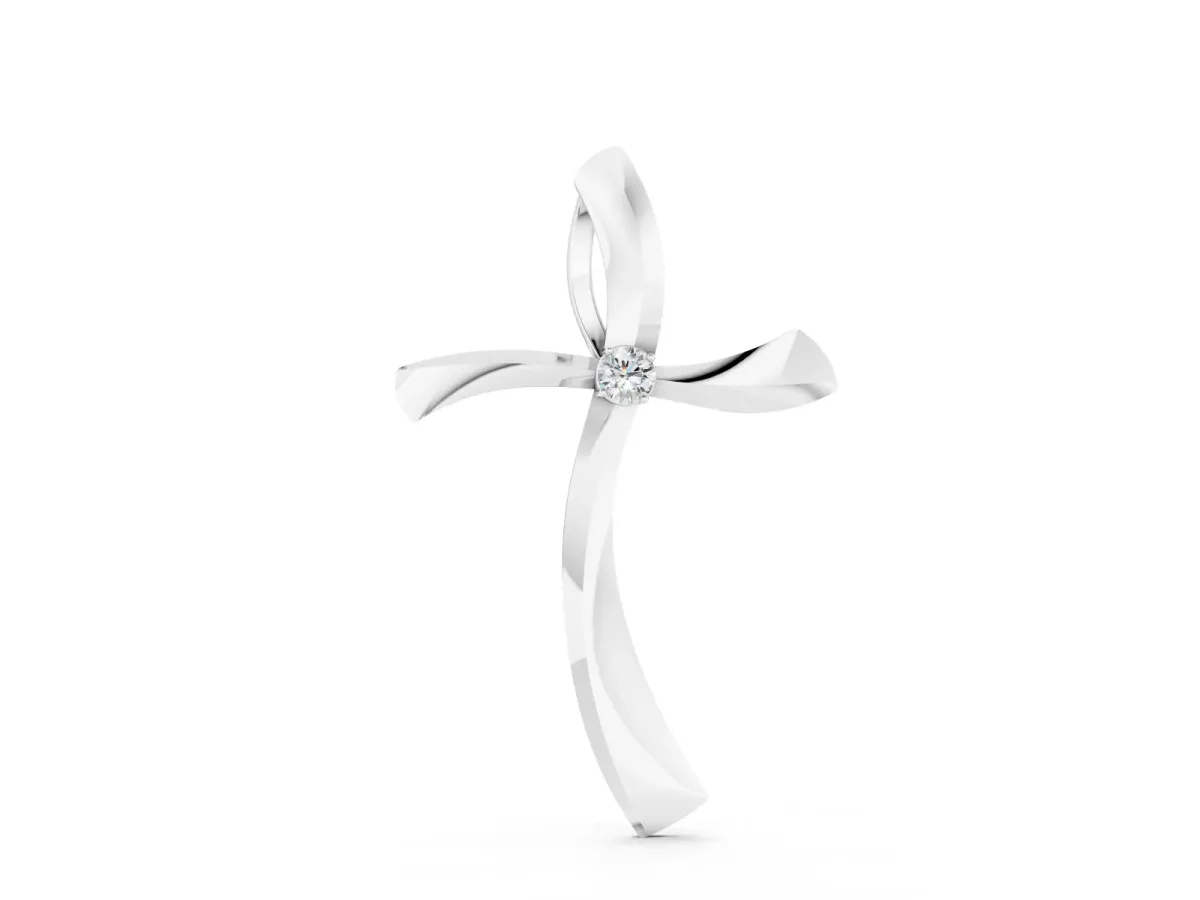 Curved Cross Pendant Set in White gold with Bezel-Set Round Diamond