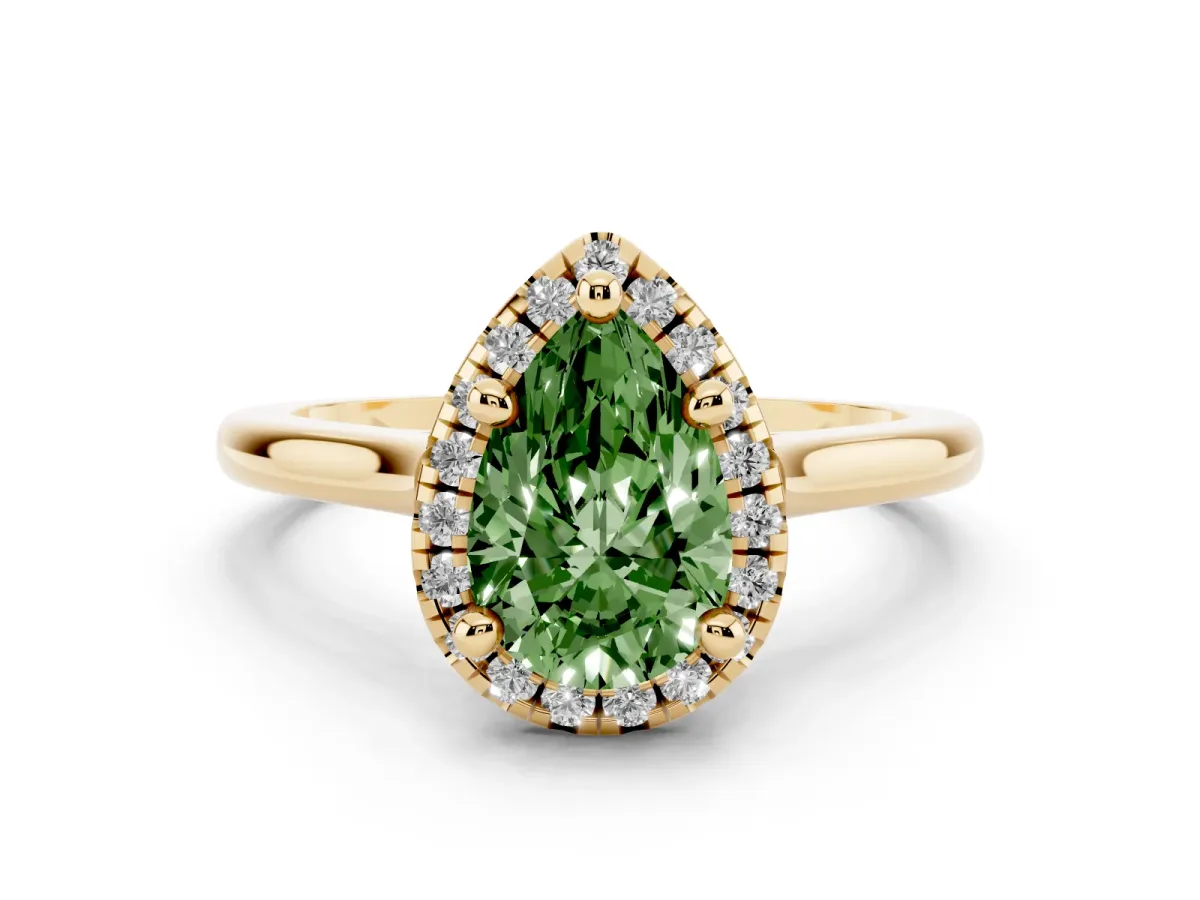 Fancy Green Pear Cut Diamond Halo Engagement Ring Set in Yellow gold with Pavé Band and Rising Shoulders