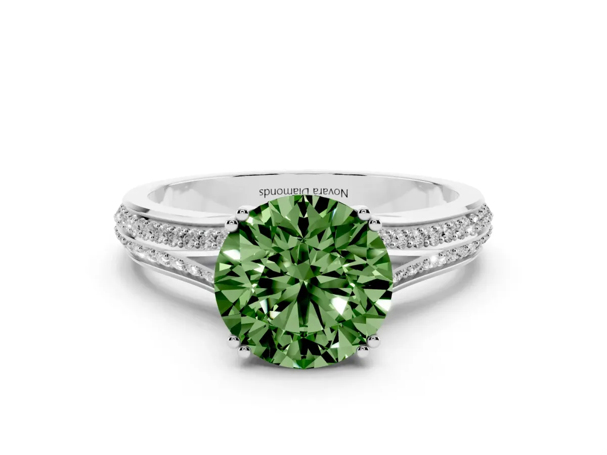 Fancy Green Round Cut Diamond Split Shank Pavé Engagement Ring Set in Silver with Prong-Set Center Stone