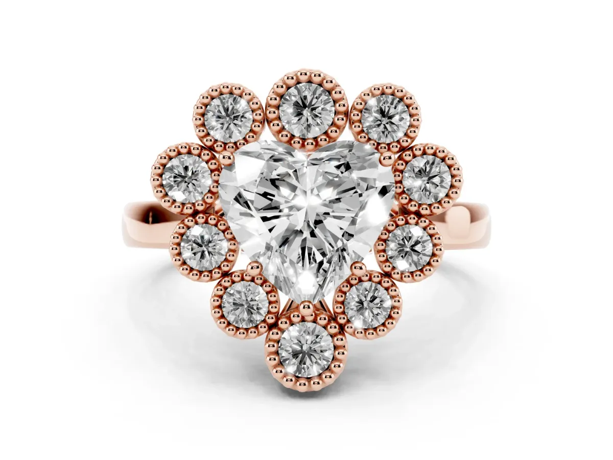 Heart Cut Diamond Cluster Halo Ring Set in Rose gold with Milgrain Bezel Accents and Plain Band