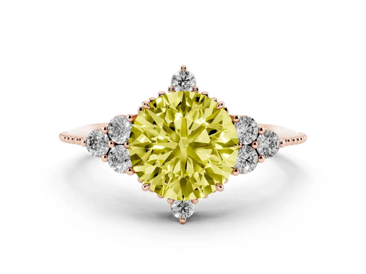 Fancy Yellow Round Cut Diamond Cluster Ring Set in Rose gold with Beaded Band