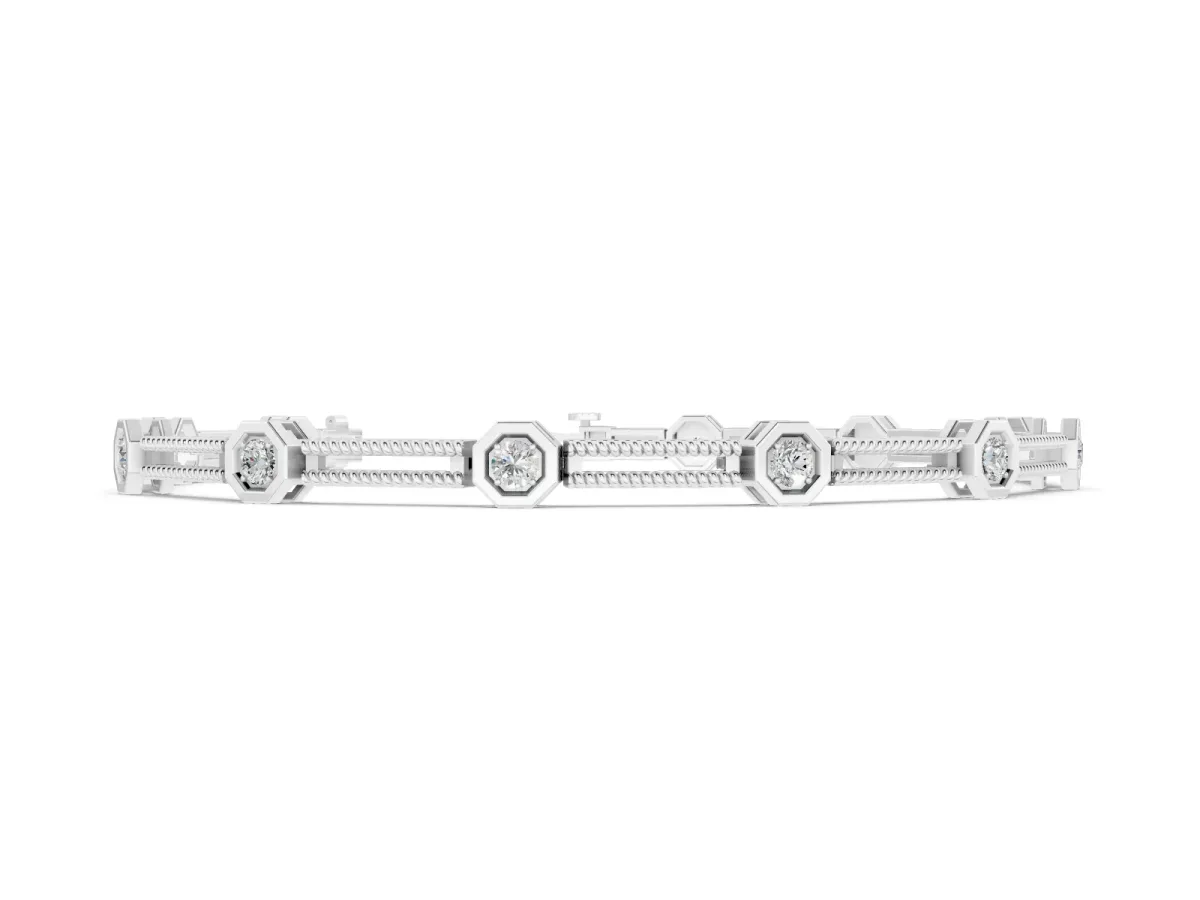 Round Diamond Hexagon Bezel Tennis Bracelet Set in Silver with Double Rope Band