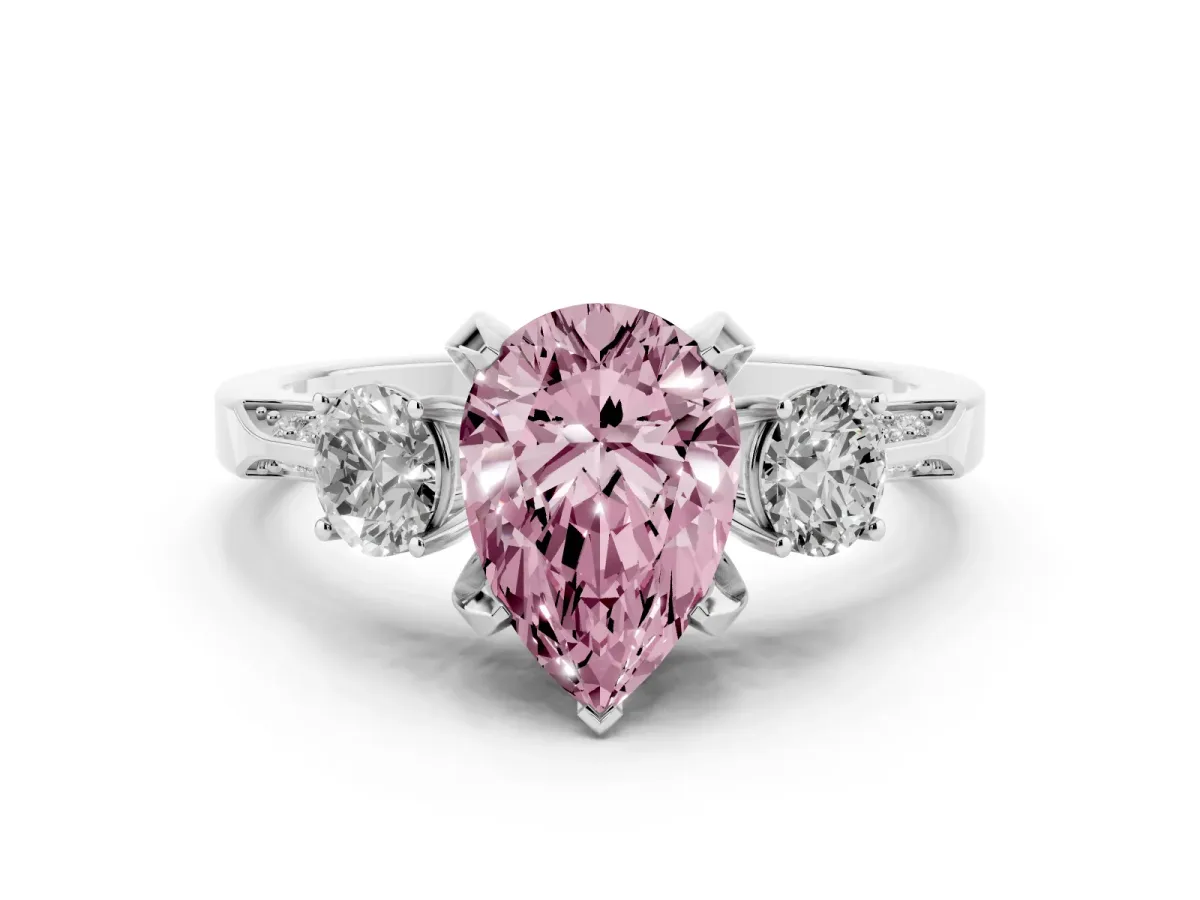 Fancy Pink Pear Cut Diamond Three-Stone Ring Set in Silver with Pavé Band and Smaller Side Stones