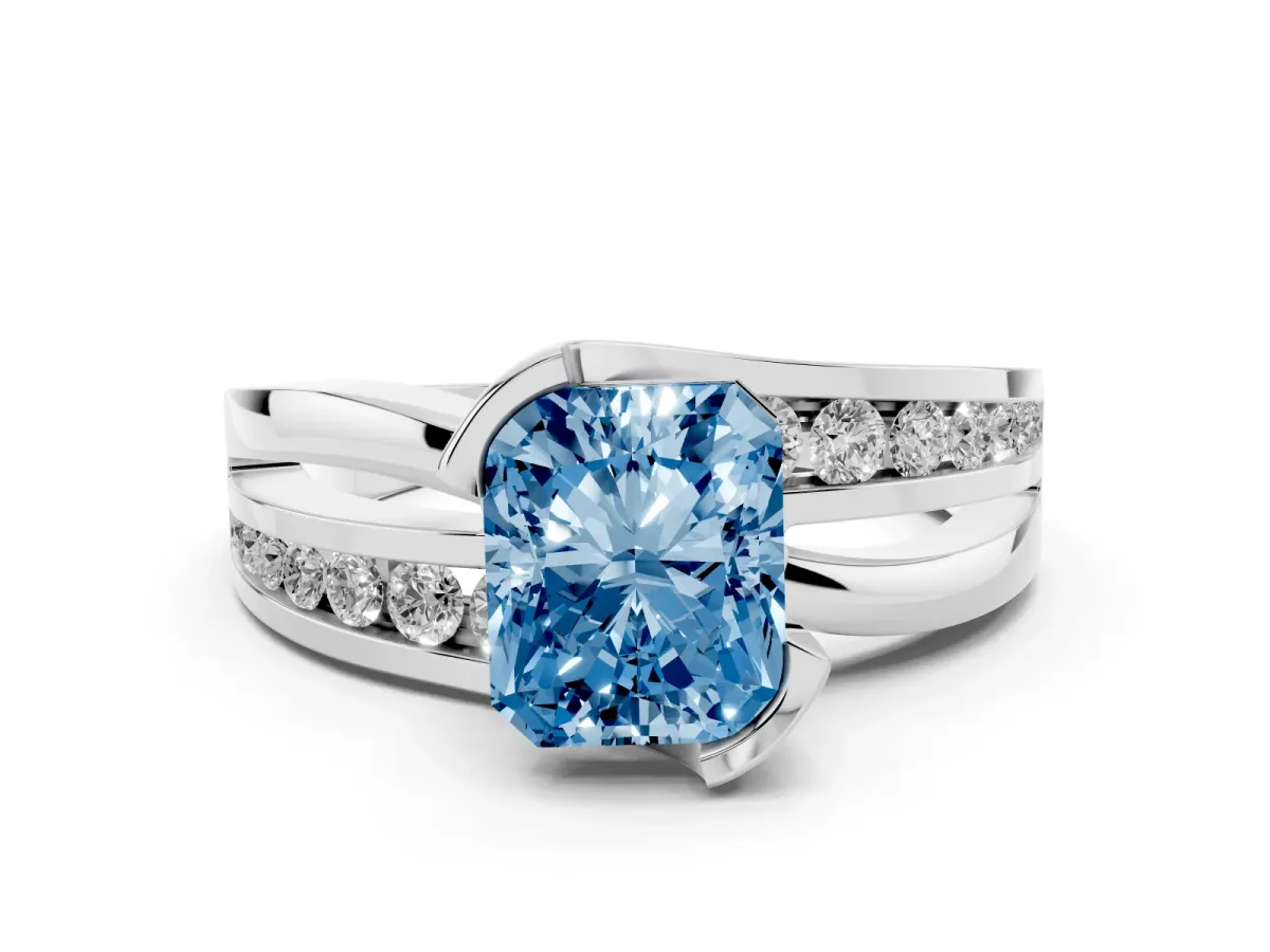 Fancy Blue Radiant Cut Diamond Solitaire Ring Set in White gold with Channel Set Split Shank and Tension Prongs