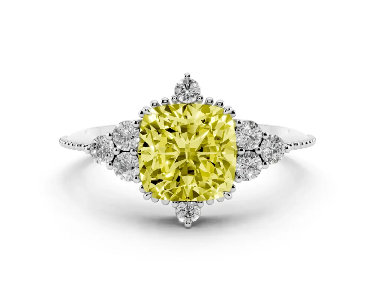 Fancy Yellow Cushion Cut Diamond Cluster Ring Set in White gold with Beaded Band