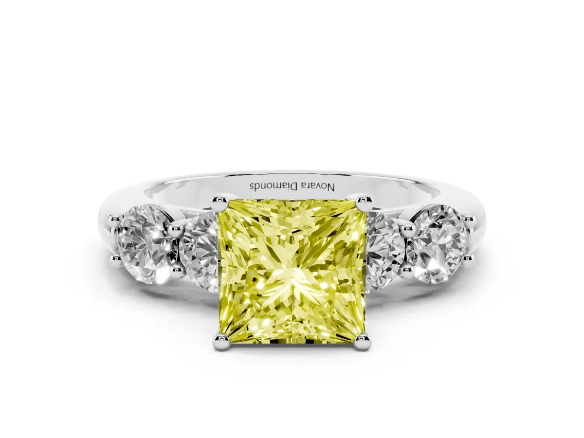 Fancy Yellow Princess Cut Diamond Five-Stone Prong Set Ring Set in White gold with Classic Band