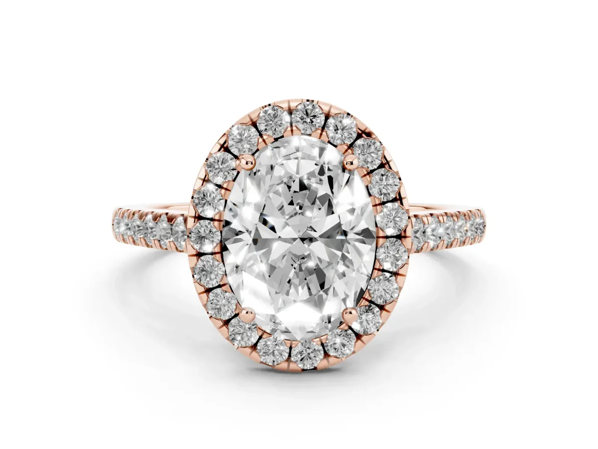 Oval Cut Diamond Halo Pavé Engagement Ring Set in Rose gold with Prong Setting