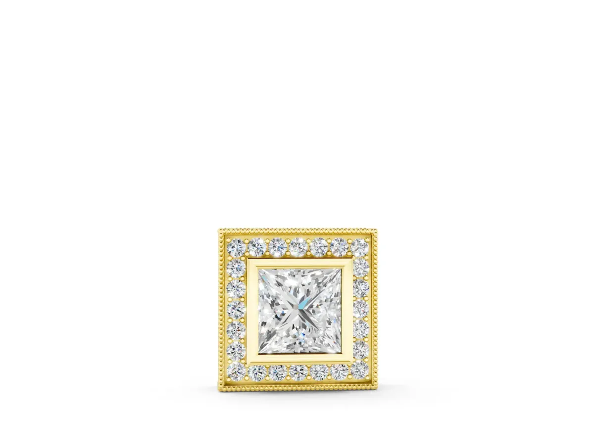 Princess Cut Diamond Halo Pendant Set in Yellow gold with Bezel-Set Center
