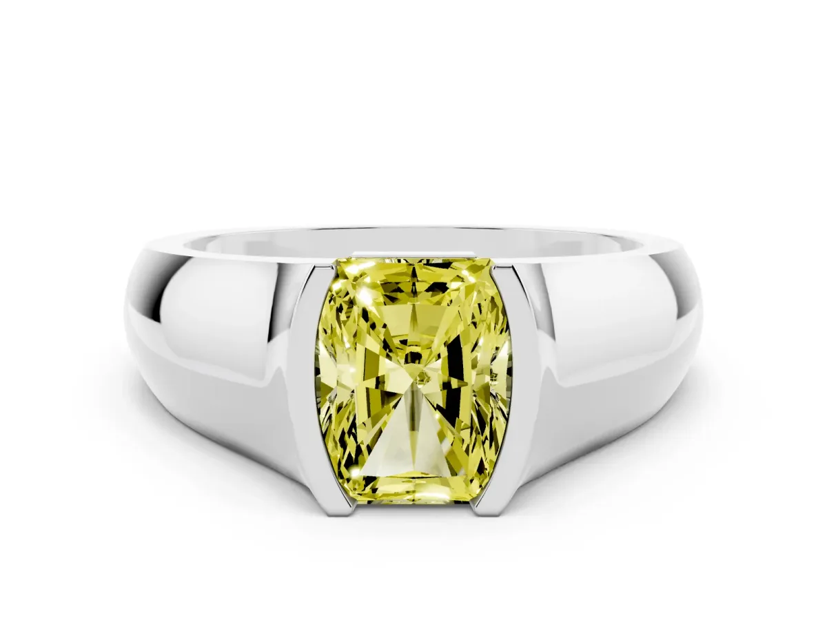 Fancy Yellow Radiant Cut Diamond Bezel Solitaire Ring Set in Platinum with Wide Band