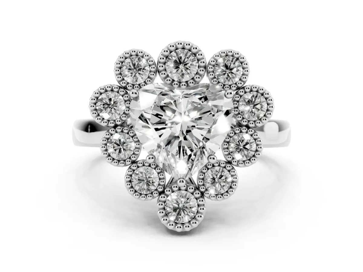 Heart Cut Diamond Cluster Halo Ring Set in Silver with Milgrain Bezel Accents and Plain Band