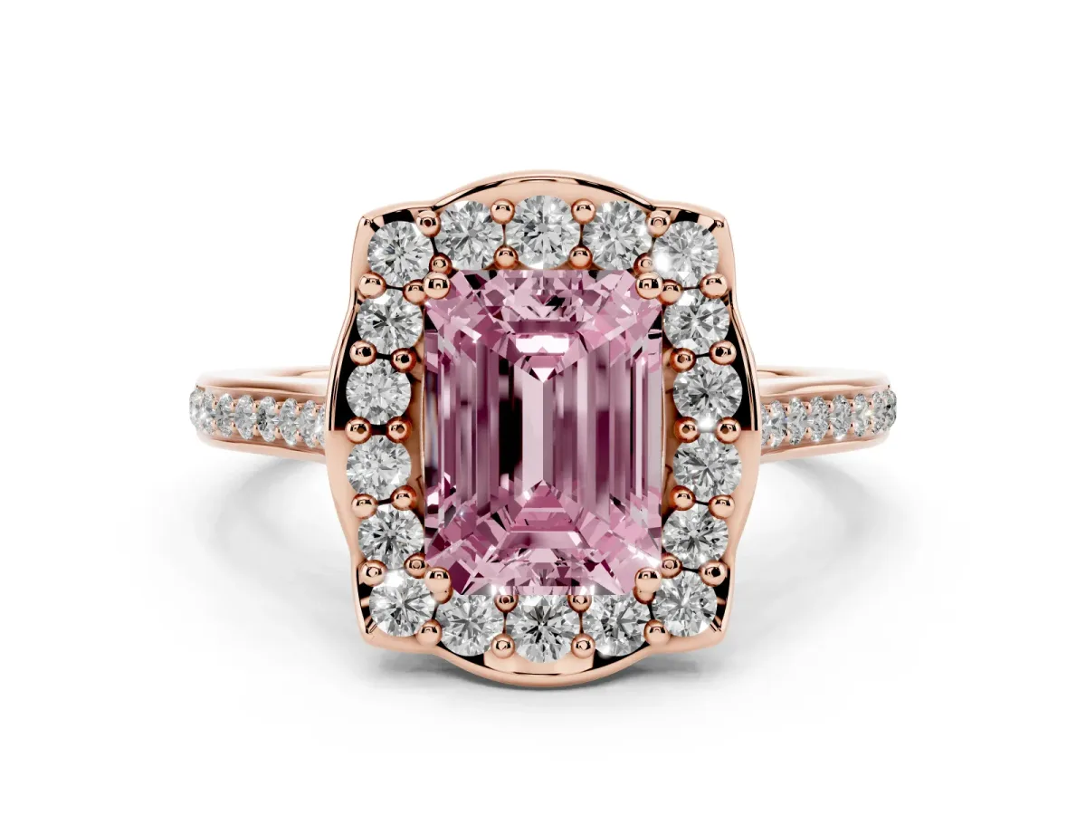 Fancy Pink Emerald Cut Diamond Halo Ring Set in Rose gold with Pavé-Lined Shoulders and Prong Setting