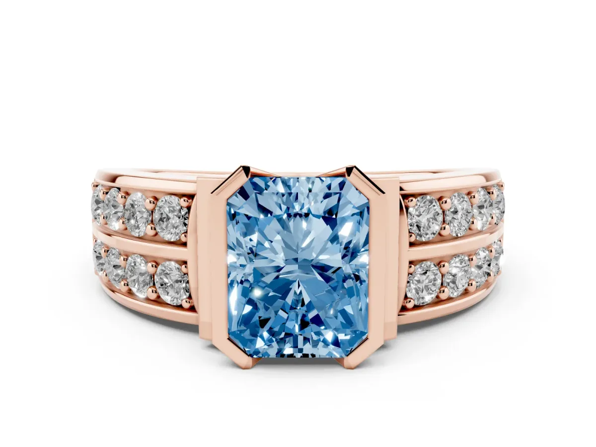 Fancy Blue Radiant Cut Diamond Wide Channel Set Band Ring Set in Rose gold with Bezel Setting