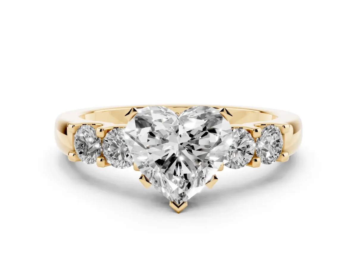 Heart Cut Diamond Five-Stone Prong Set Engagement Ring Set in Yellow gold with Channel Band
