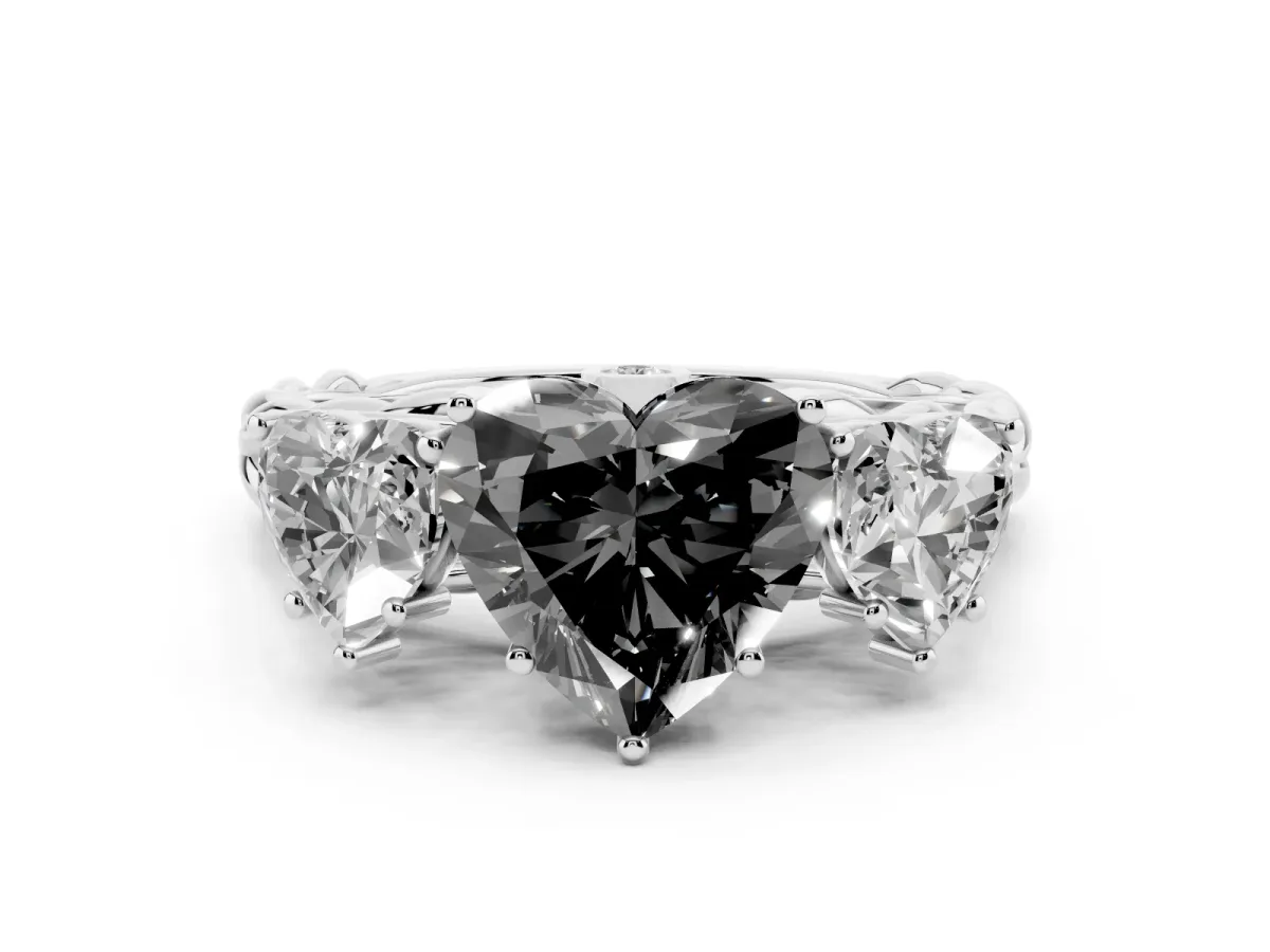 Fancy Black Heart Cut Diamond Three-Stone Ring Set in White gold with Braided Band