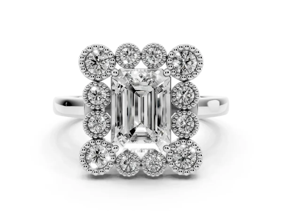 Emerald Cut Diamond Cluster Halo Ring Set in White gold with Milgrain Bezel Accents and Plain Band