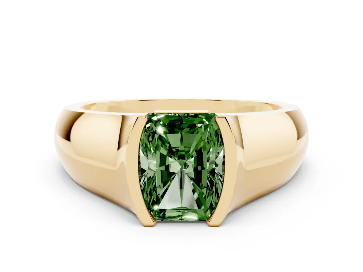 Fancy Green Radiant Cut Diamond Bezel Solitaire Ring Set in Yellow gold with Wide Band