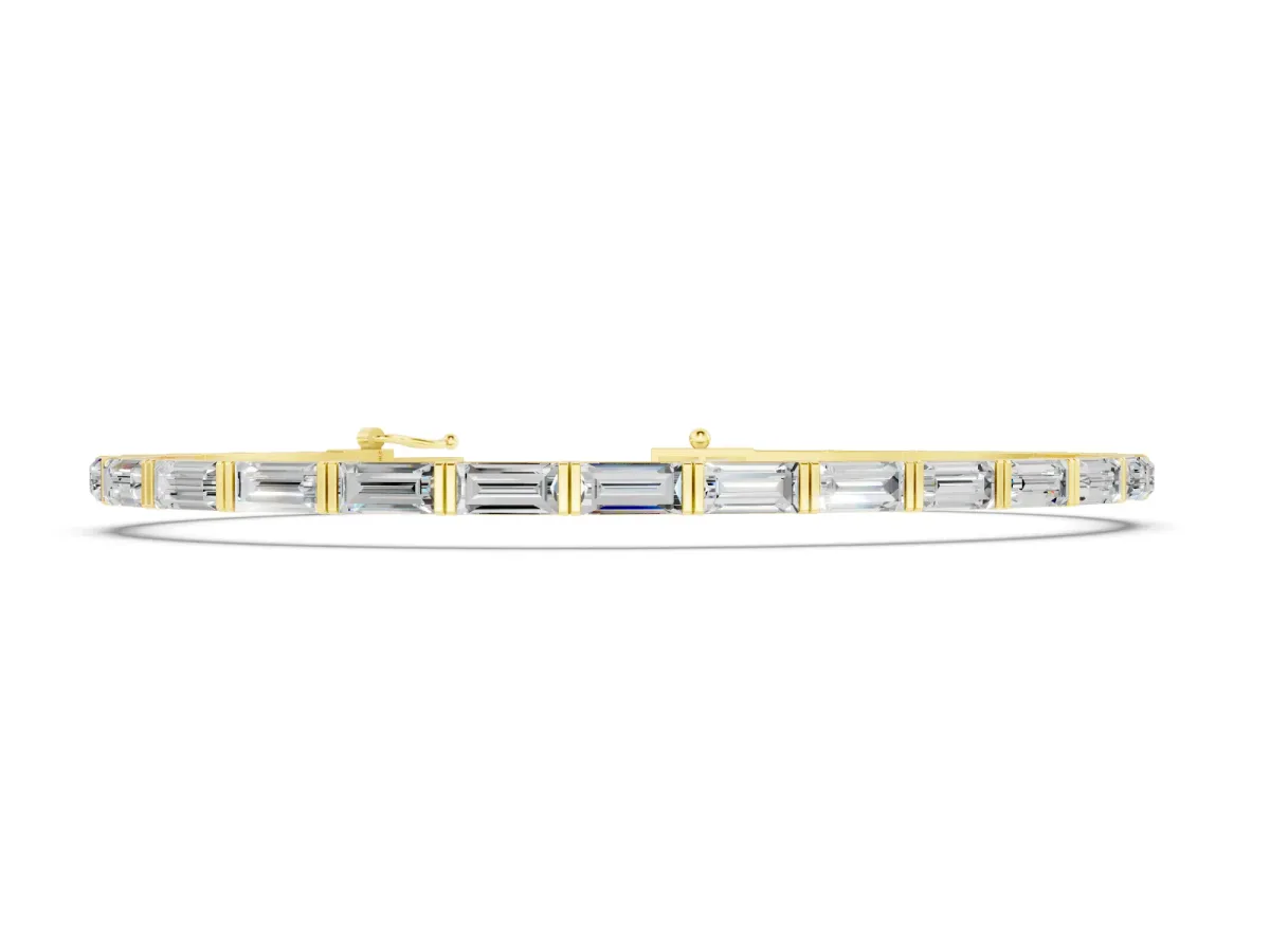 Baguette Cut Diamond Tennis Bracelet Set in Yellow gold with Bar Setting