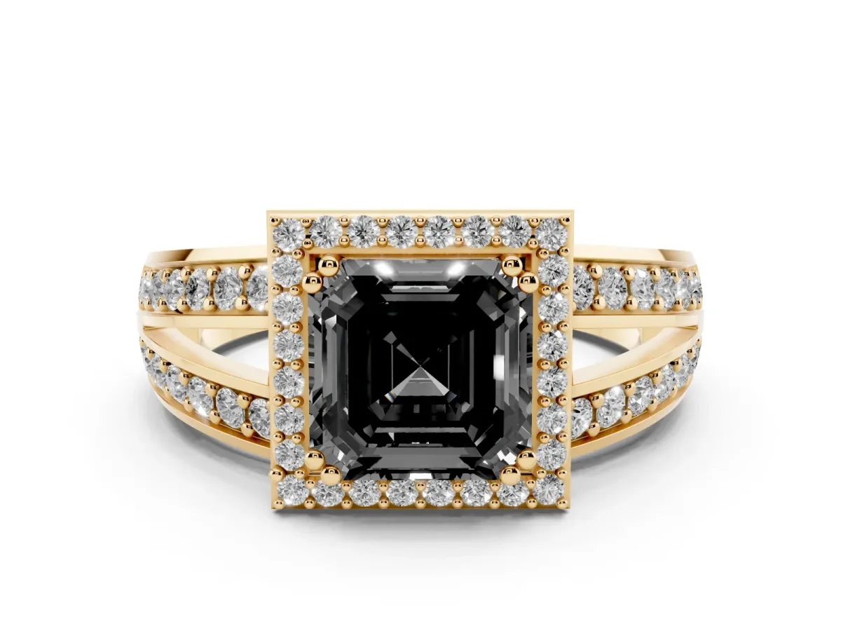 Fancy Black Asscher Cut Diamond Halo Ring Set in Yellow gold with Double Pavé Split Shank