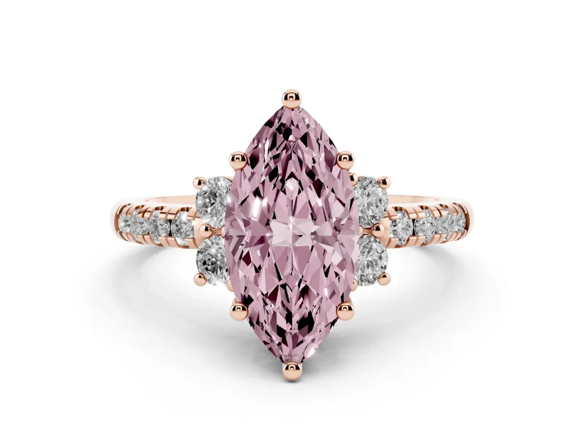 Fancy Pink Marquise Cut Diamond Three-Stone Pavé Ring Set in Rose gold with Prong Setting