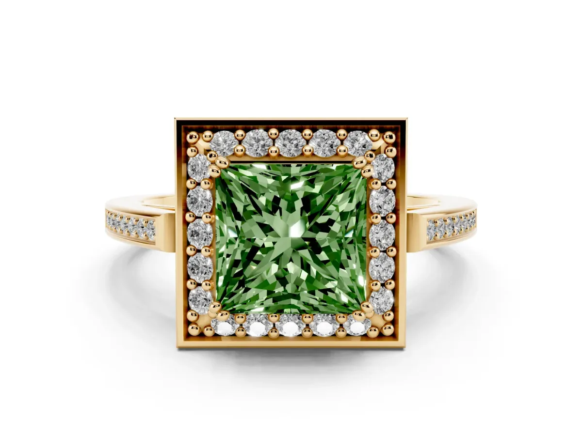 Fancy Green Princess Cut Diamond Halo Ring Set in Yellow gold with Accent-Lined Split Shank and Prong Setting