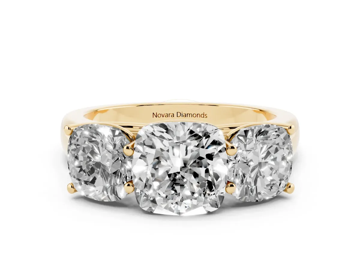 Cushion Cut Diamond Three-Stone Ring Set in Yellow gold with Plain Polished Band